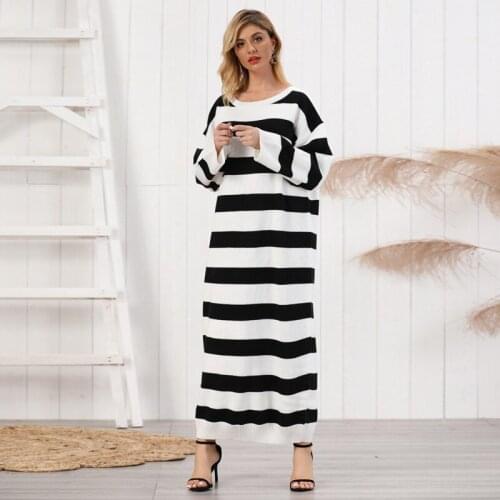 Women Sweater Dress Long Sleeve Striped O-Neck Elegant Knitted Dress 2020 Winter Casual Lady Straight Loose Soft Cotton Dress