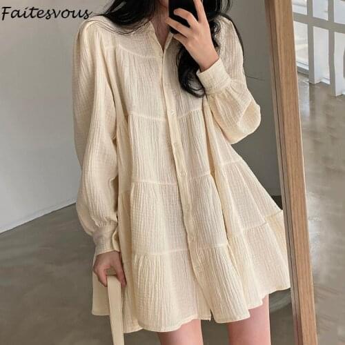 Korea Chic Polo Collar Dress Women Autumn Simple Pleated Dress Loose Single Breasted Puff Sleeve Short Dress 2021 New