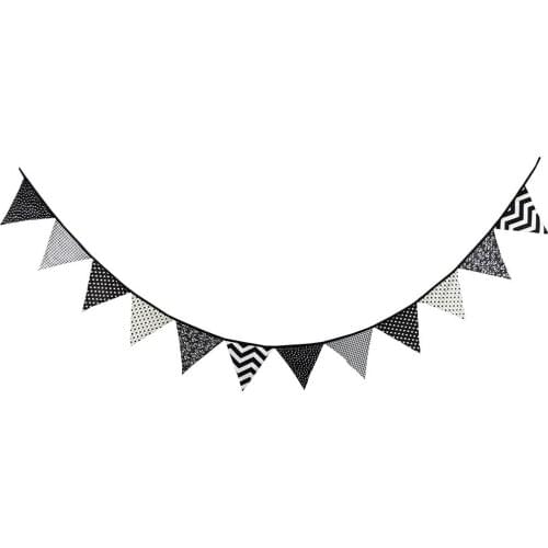 12 Flags Special Black and White Cotton Fabric Bunting Pennant Flags Banner Garland Wedding Outdoor Tent Party Decoration