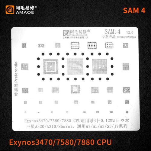 Amao SAM:4 Reballing Stencil For Samsung A7/A5/A3/S5/J7 Cpu Exynos3470/7580/7880 0.12mm Thickness Tin