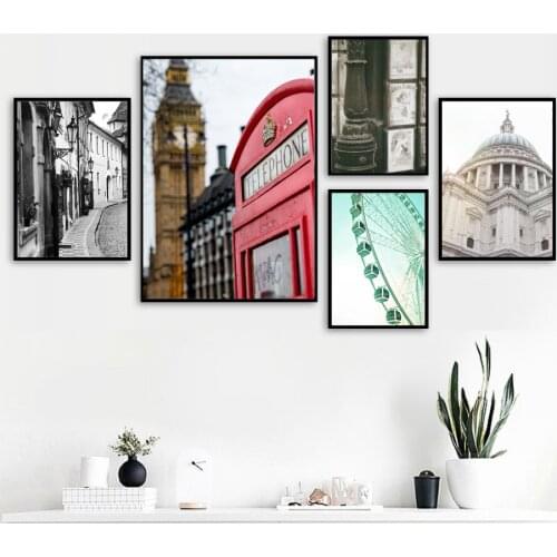 Architecture Still Life Painting Home Decoration Painting Telephone Booth Ferris Wheel Black and White Tone Street Photo Canvas