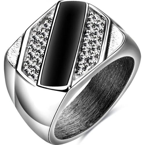 FDLK Classic Size 6-11 Good Quality Men Rhineston Jewelry Silver Color Black Imitation Enamel Male Finger Wedding Ring