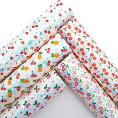 Glitterwishcome Cherry Pipeapple Printed Chunky Glitter Faux Vinyl Fabric with Felt Backing Accessories Bows DIY 21X29CM GM2074A