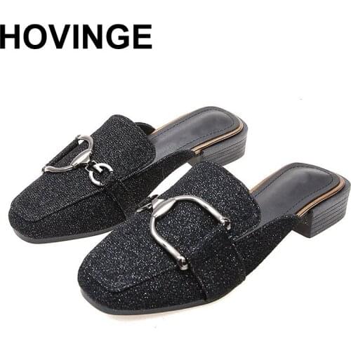 HOVINGE Spring retro square head Muller shoes sequined metal clasped half-back heavy heel sandals large size womens shoes