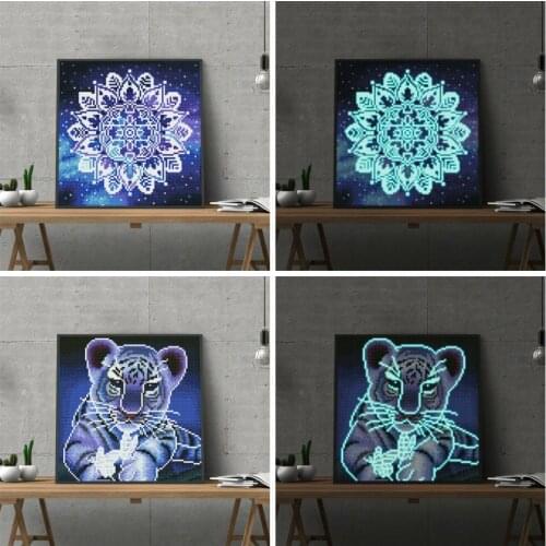 HUACAN Luminous Diamond Painting Tiger Diamond Embroidery Mosaic Mandala Cross Stitch Special Shaped Room Decor