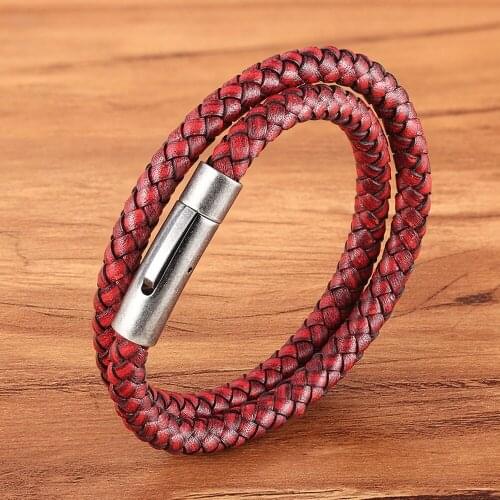 Classic Style Rope Wrap Mens Leather Bracelet Simple Design Stainless Steel Button Charm Accessories Hand-woven Jewelry Gifts
