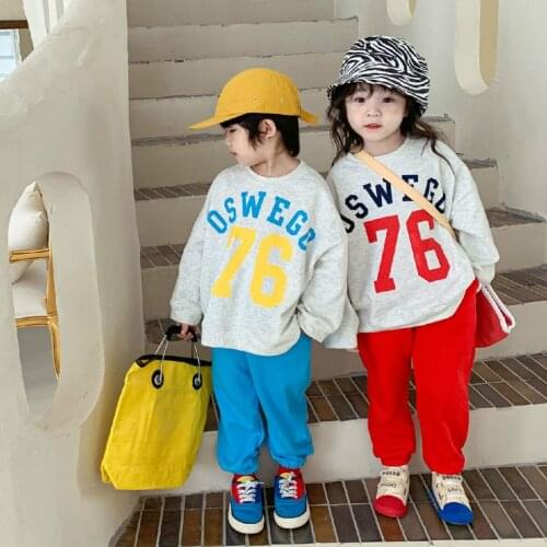 9077 Children Clothing Set Girls Suit Autumn Winter 2021 Korean Two-color Digital Boys Loose Set Sweatershirt+Pant Kids Suit