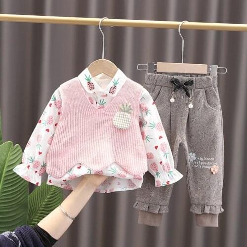 Toddler Infant Clothing Sets Autumn Baby Girls Casual Clothes Outfit Flower Children Kids Knitted Vest Cartoon Shirt Lce Pants