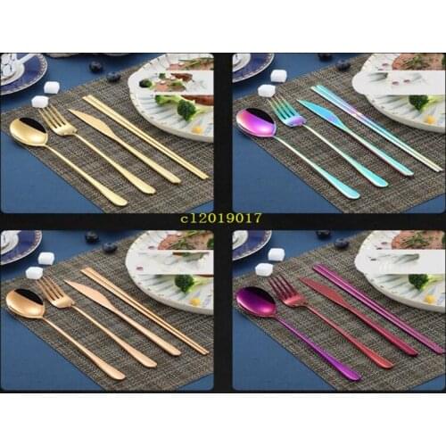 Korean flatware sets stainless steel long handle knife fork spoon chopsticks set colorful flatware for wedding kitchen accessori