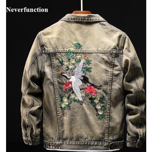Chinese style Men vintage crane embroidered Cotton Denim Jackets male Streetwear Casual Slim Hip Hop Jeans Jacket Coat 5XL 6XL