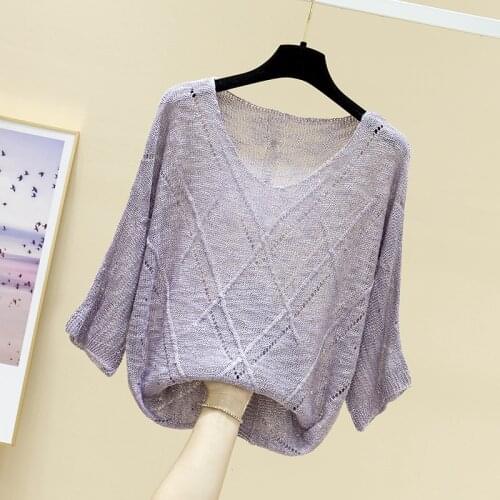 Summer new V-neck loose and light mature womens blouse bat sleeve thin foreign air hollow knitted bottom coat fashion