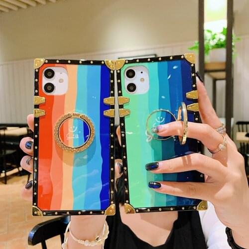Trendy Rainbow Square Phone Case For OPPO Realme 7 Pro 7i 6 X50 5 5Pro Realme C17 C15 C11 XT X Back Cover Ring Soft Case Fundas