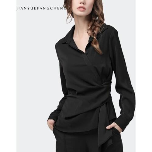 Office Ladies Tops Fashion Asymmetry Crossed Design 2021 Spring New Long Sleeved Turn-Down Collar Elegant Slim Bottoming Blouses