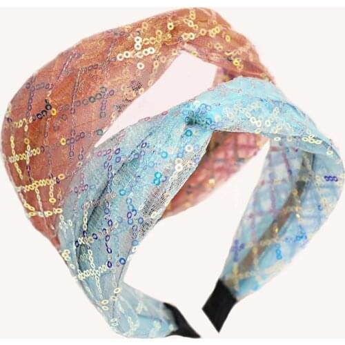 12pcs New Lace Sequins Headband Trend Hair Accessories Mesh Tulle Twited Hairbands Women Girls Headdress