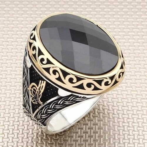 Big Oval Black Zircon Stone Men Silver Ring With Ottoman Tugra Motif Made in Turkey Solid 925 Sterling Silver