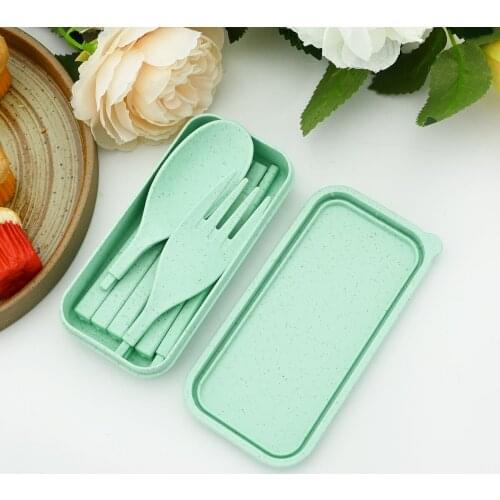 Outdoor Camping Dinnerware Portable Foldable Cutlery Set Kids Wheat Straw Tableware With Mini Box Fork Spoon Chopsticks Utensils
