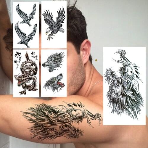 Realistic Wolf Lion Temporary Tattoo For Women Men Big Eagle Dragon Tattoos Sticker Animal Black Body Art Fake Tatoos Arm Waist