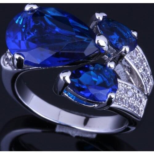 Romantic Pear Blue Cubic Zirconia White CZ Silver Plated Ring V0148