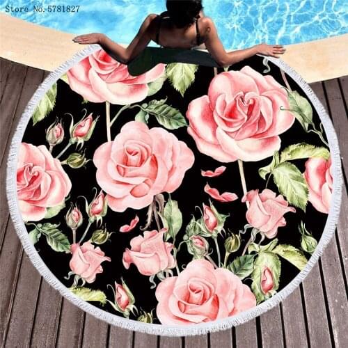 Pink Rose Large Round Beach Towel Colorful Flowers Quicksand Pattern Microfiber Shower Bath Towel Swimming Cover Yoga Mat Decor