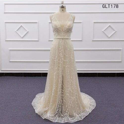 Molanda Champagne Wedding Dress V Neck Lace Appliques 2021 Sweep Train Robe De Mariee Sleeveless Bridal Gown Elegnat GLT178