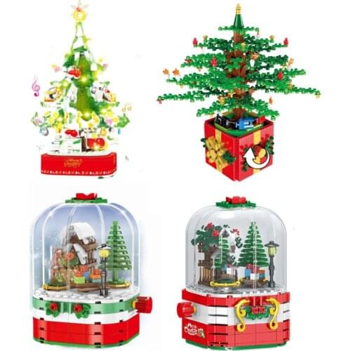 Rotating Christmas Tree Music Box LED Shining Building Blocks DIY Friends Santa Claus Figure Bricks Toys Xmas Gifts For Children