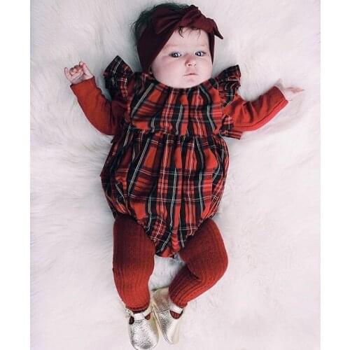 WOSHILAOCAI Newborn Baby Girls Christmas Bodysuit Infant Ruffles Short Sleeve Plaid One Piece Jumpsuit Thick Bow Tie Playsuit