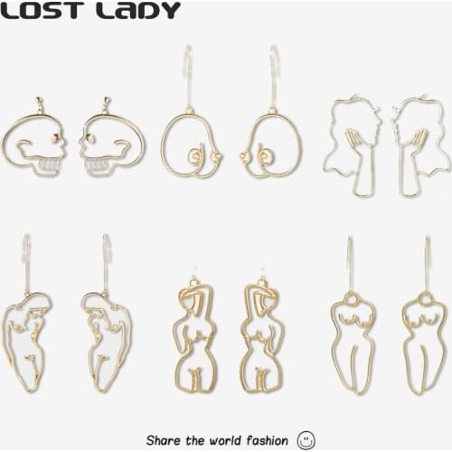 Lost Lady Fashion Gold Color Alloy Hollow Dangle Earrings For Women Retro Abstract Pendant Earrings Wholesale Jewelry Party Gift