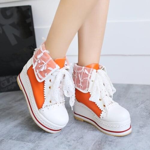 US4-16 Cute Womens Lace Up Platform Round Toe Ankle Boots Wedge High Heels Lolita Sweet Shoes 4Colors Plus Size 34-48