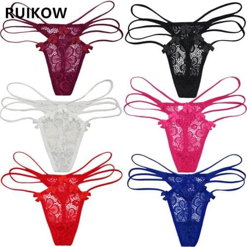 6 Pcs/Set Good Quality Sexy Women G-String Hollow Out Lace Mesh Panties with Bows Female Underwear Low-Rise T-Back Intimates