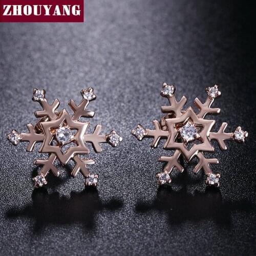 ZHOUYANG Christmas Earring For Women Snowflake Stud Earring Rose Gold Color Stud Earrings Jewelry Austrian Crystal E215