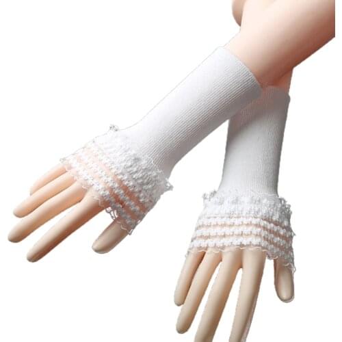 Women Ribbed Knitted Arm Warmers Ruffles Lace Patchwork Horn Cuffs Fake Sleeves Solid Color Stretchy Fingerless Gloves