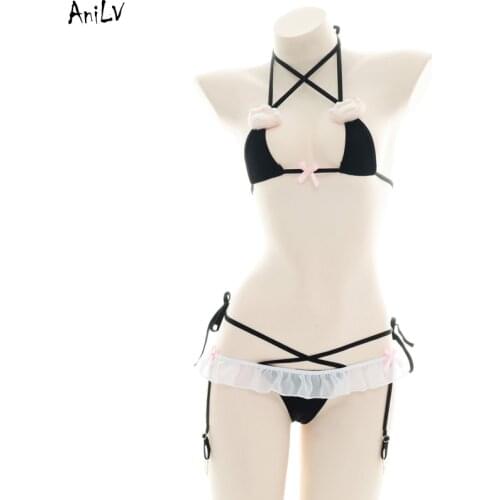 AniLV Summer Kawaii Girl Cute Cat Paw Maid Bikini Swimsuit Costume Beach Anime Lolita Swimwear Pool Party Cosplay