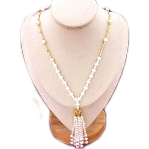 YKNRBPH Womens Retro Natural Pearl Necklace Long temperament 14K Gold Fringe sweater chain