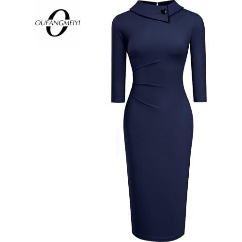 Women Solid Color Chic Button Slim Elegant Business Classic Wear to Work Office Bodycon Pencil Dress EB574