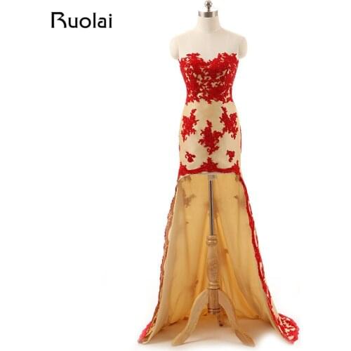 Real Sample Sweetheart High Low Tulle Red Appliques Cheap Mermaid Evening Dresses 2019 Long Prom Dresses Party Dresses FE67