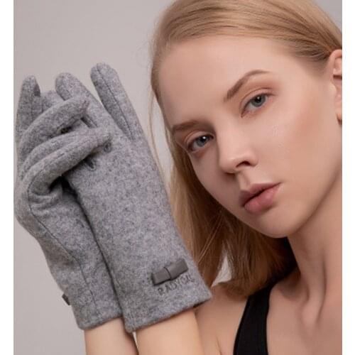 Winter Female Touch Screen Gloves Women Warm Cashmere Full Finger Leather Bow Gloves Wool Knit Embroidery Driving gloves E39