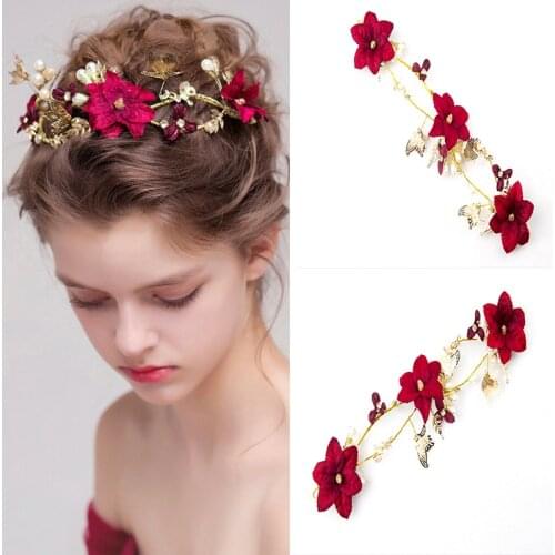Baroque Red Flower Crystal Pearl Headbands Bridal Crown Tiaras Gold Tiaras for Women Bride Hair Band Wedding Hair Accessories