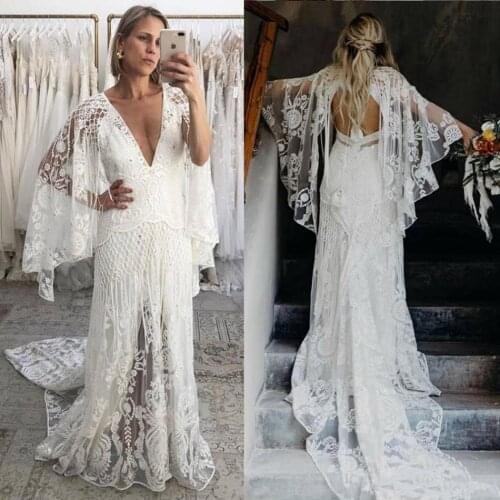 Bohemian 2021 Beach Wedding Dresses Bridal Gowns V Neck Bell Long Sleeve Lace Open Backless Boho robe de mariée