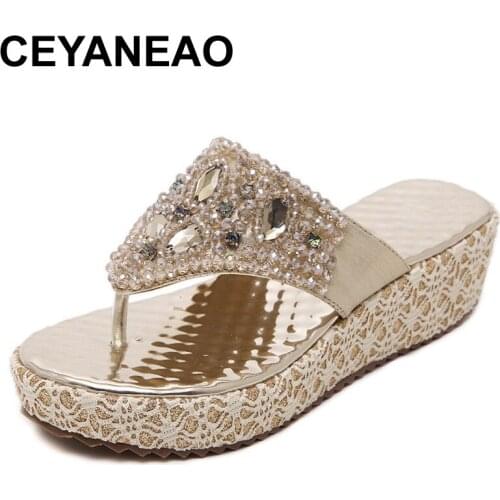 CEYANEAO Fashion 2019 Summer Wedge Shoes Womens Slippers Rhinestone Brand Beach Flip Flops Sexy Ladies Sweet Gold Wedge Heels