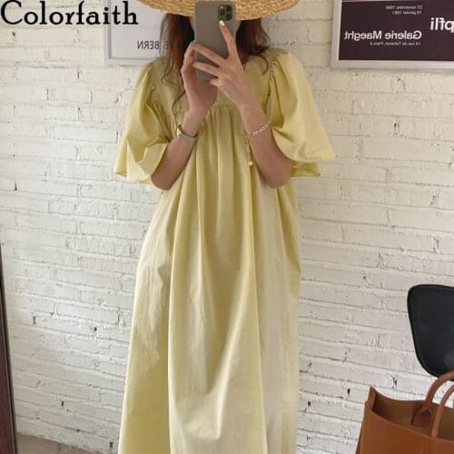 Colorfaith New 2021 Women Summer Dresses High Waist Square Collar Minimalist Korean Oversize Elegant Vintage Long Dresses DR656