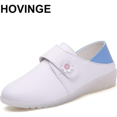 HOVINGEWomen Spring Moccasins Shoes Cow Leather Flowers Casual Flat Shoes For Women Nurse White Moccains Ladies Creepers Shoes