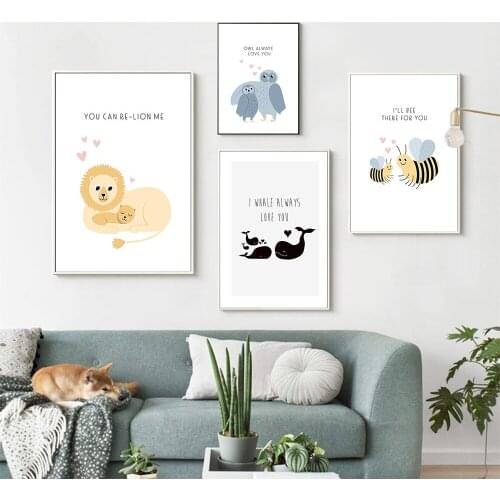 Cute Cartoon Animal Love Decorative Picture Bee Lion Whale Bird Kindergarten Canvas Painting Wall Art For Childrens Room Decor