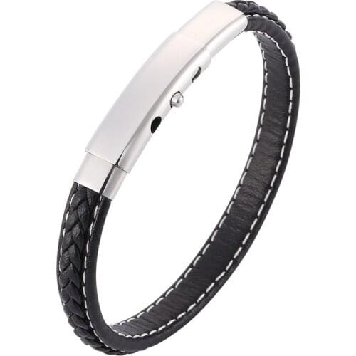 Men Fashion Jewelry Black/Blue Leather Bracelet Male Unique Adjustable Stainless Steel Clasp Leather Bangle Gifts PD0393