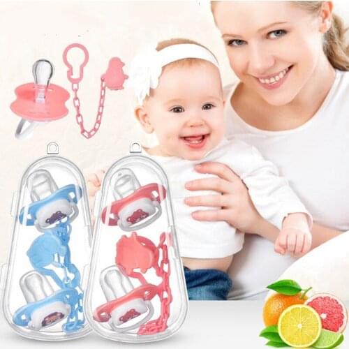 Baby Pacifier Set Silicone Nipple Breast Milk Round Head Baby Sleeping Pacifier 2 Nipple 1Chain 1Dustproof Pacifier Storage box
