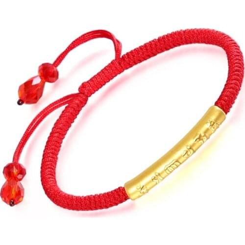 Solid 24k Gelbgold Armband Buddhistisch Sechs Wort Rohr-Gold Rot Kordel Armband