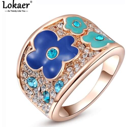 Lokaer Original Design Trendy Blue Plum Blossom Rings Pave Setting Classic Genuine Austrian Crystal Finger Rings L2010285490