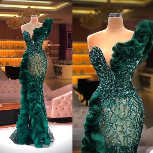 Luxury Beading Mermaid Prom Dresses Sparkly Green One Shoulder Tiered Skirts Evening Gowns Side Split Crystal Party Club Wear