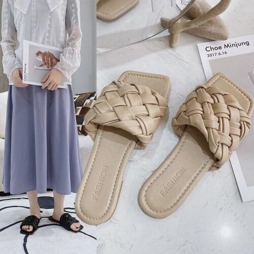 XIXIYIPIN Fashion PU Leather Weave Womens Slippers Outdoor Flat Casual Slides for Women 2021 Summer New Indoor Mules Shoes