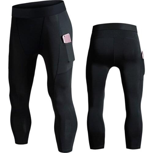 Sports Elastic Tight Men 3/4 Pants Breathable Training Running Fitness Black Pants