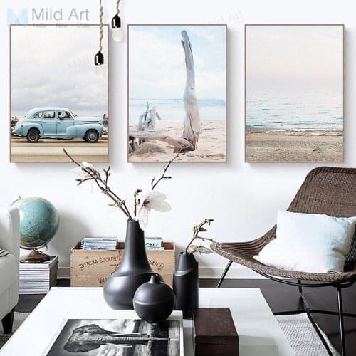 Sea Landscape Vintage Car Poster Prints Nordic Style Living Room Beach Life Wall Art Picture Home Decor Canvas Painting Custom